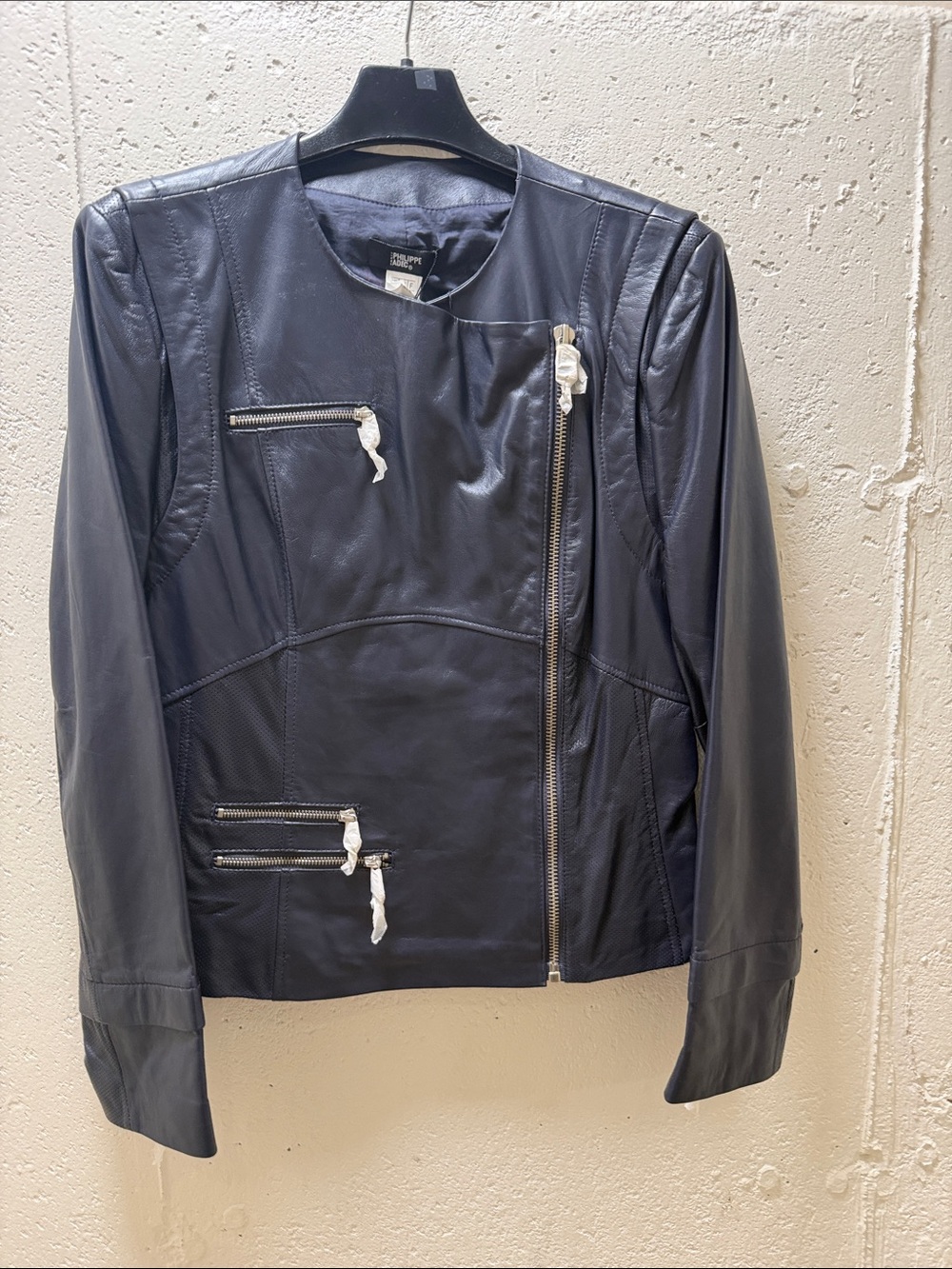 Navy Leather Asymmetrical Zip Jacket